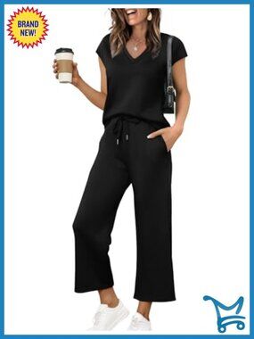 Two Piece Lounge Set - V Neck Top Wide Leg Pants Travel Outfit